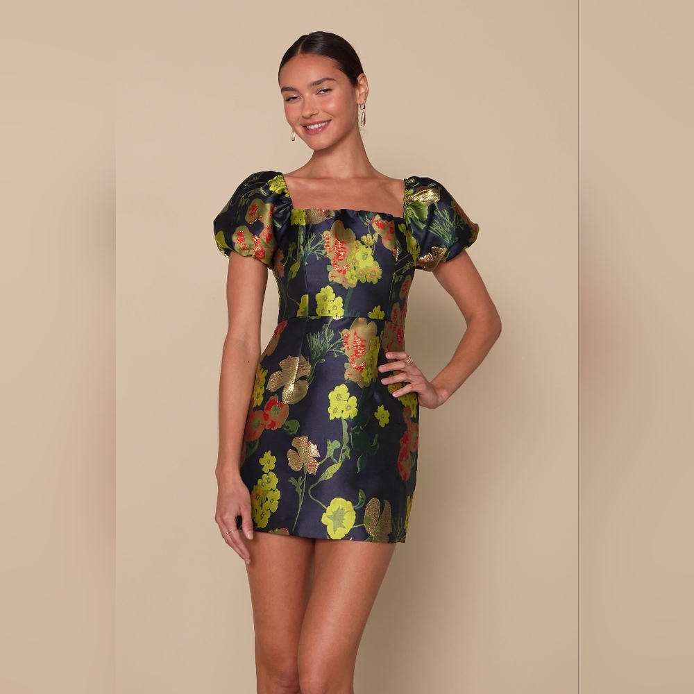 Lulus So Stunning Navy Blue Gold Floral Jacquard Puff Sleeve Mini Dress Xs